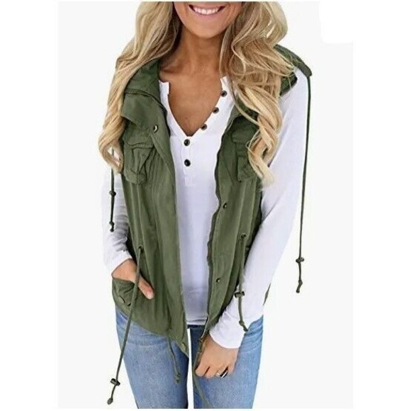 Jackets & Blazers - Vest Women Military Safari Camo Utility Lightweight Sleeveless Hooded Green XL
